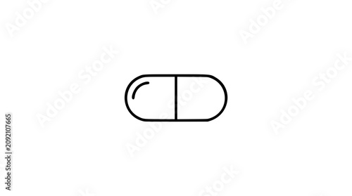 Minimalist pill capsule vector icon, clean hand-drawn outline medicine illustration for pharmacy, healthcare, prescription, supplement, treatment, dosage, clinical label and wellness design