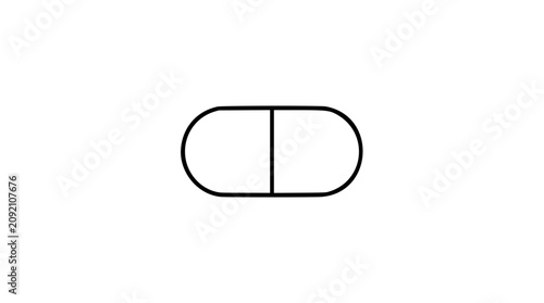Horizontal pill capsule with center division, black outline vector icon illustration for medicine, pharmacy, supplements, dosage, healthcare labels, medical apps, prescriptions, and wellness design