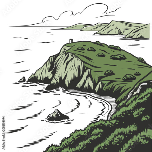Schilderij op canvas Of a coastal headland with a small tower on overlooking the sea and distant hill