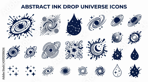 Obraz na płótnie Abstract Ink Drop Universe Icons: Galaxies, Stars, Planets, and Celestial Bodies