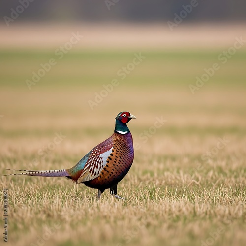 Colorful Male Pheasant Standing in Dry Grass Field