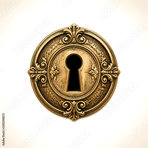 Ornate brass keyhole plate with intricate scrollwork design