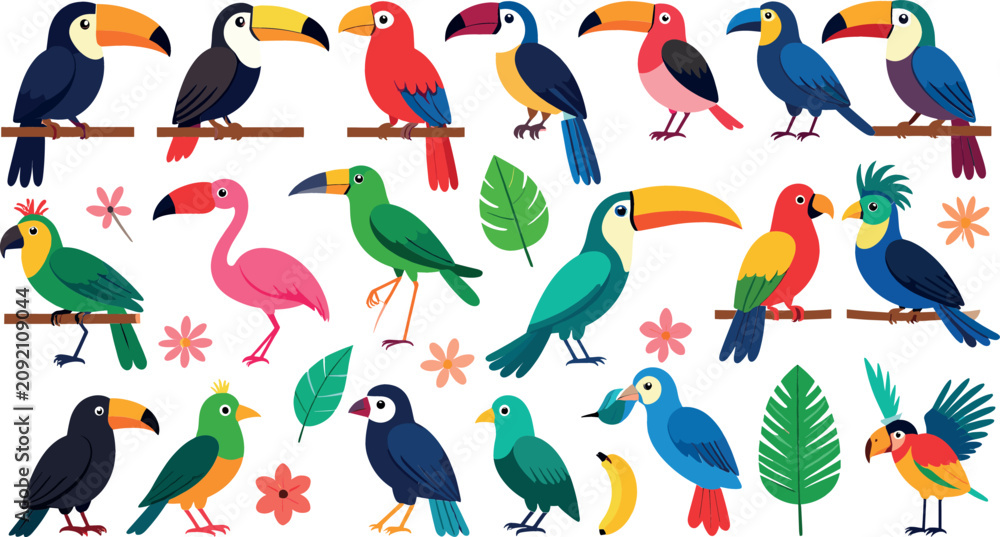 Fototapeta premium Exotic tropical birds cartoon vector icon set featuring colorful toucans parrots flamingo and jungle leaves perched on branches, isolated flat graphic design elements for summer themes.