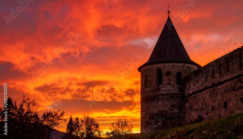 Medieval Stone Tower Silhouetted Against Fiery Sunset Sky Near Historic Fortress Wall