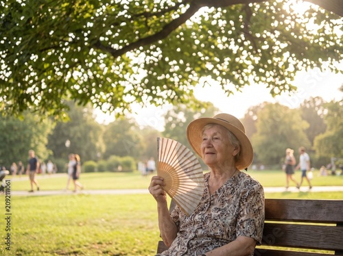 Senior Woman Cooling Herself with Hand Fan in Sunny Park
