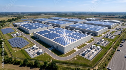 Bild auf Leinwand Aerial View of a Data Center Campus Topped With Vast Rooftop Solar Panel Arrays