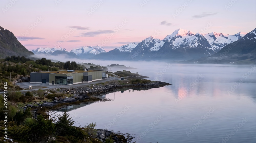 Obraz premium Data Center on the Shore of a Serene Fjord at Dawn With Steep Mountains Rising Behind Still Mirror Like Water Cloud Computing Facility in a Nordic Landscape