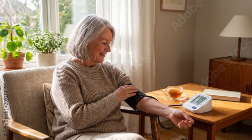 Woman Measuring Blood Pressure at Home Using Digital Monitor