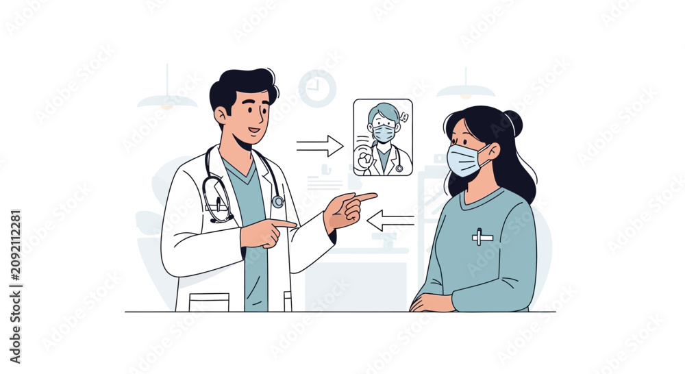 Fototapeta premium Doctor consultation with patient wearing face mask, medical advice illustration