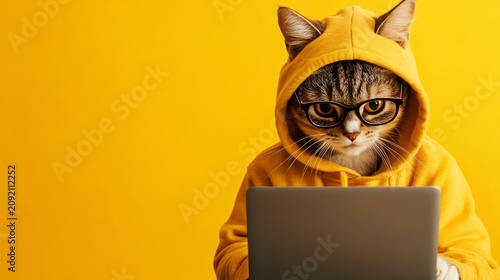 Cat wearing hoodie and glasses uses laptop against yellow background.