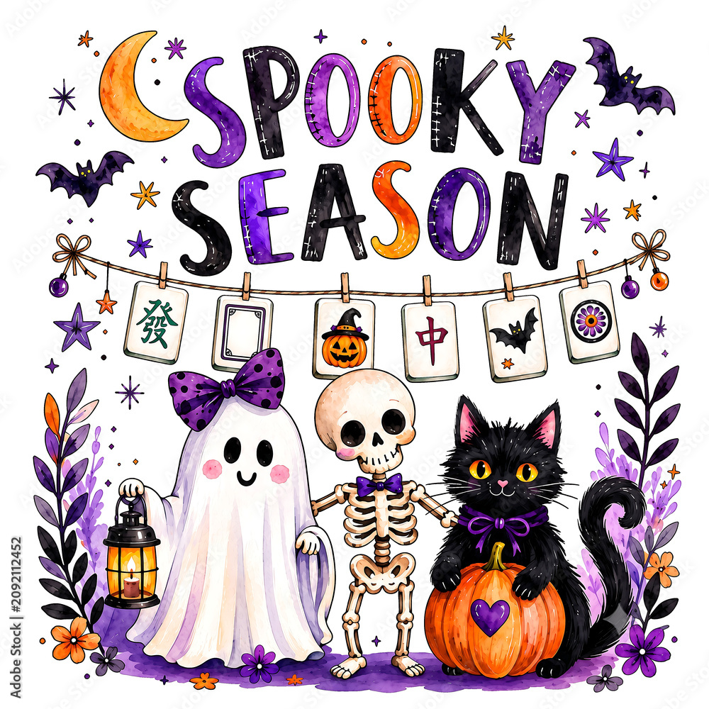 Naklejka premium Spooky Season Halloween Mahjong Illustration, Cute Ghost, Skeleton, Black Cat with Pumpkin, Watercolor Mahjong Tiles Garland for Festive Autumn Design