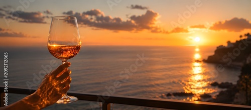 Close up of hand holding a glass of white wine on balcony terrace at golden ocean sunset with large copy space