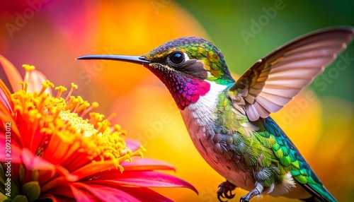 Vibrant Hummingbird Hovering Beside Bright Tropical Flower in Colorful Garden