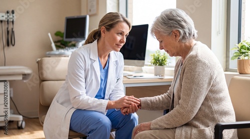 Compassionate doctor holding elderly patient’s hand during supportive medical consultation