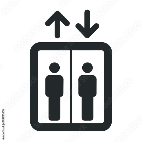 Elevator icon with two people and up down arrows.