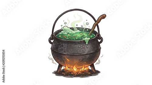 Bubbling Black Cauldron Simmering Green Potion Over Open Fire on White Background