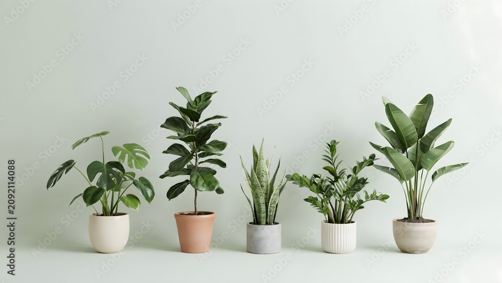 Fototapeta premium Five different green houseplants in pots on a light green studio background.