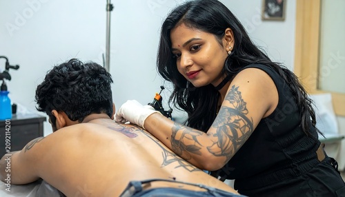 Focused Female Tattoo Artist Working on Client Back in Indoor Tattoo Studio