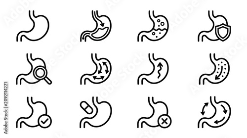 Stomach Health Icons: Digestion, Protection, Analysis, and Treatment