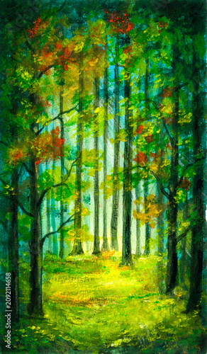 Original oil painting of sunlit green forest with tall trees and red autumn leaves, impressionist landscape fine art.