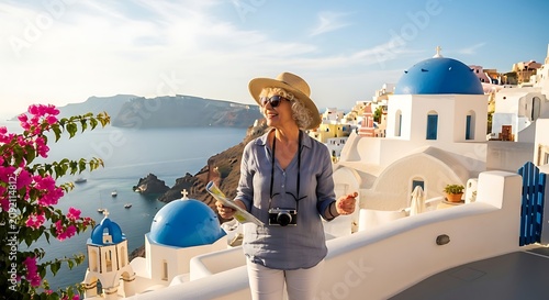 Smiling Female Tourist Holding Map on White Terrace in Santorini Coastal Village