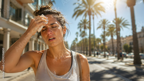 Woman Walking During Extreme Summer Heatwave