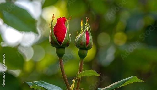 Vibrant Red Rosebuds Growing on Green Stems in Garden Background