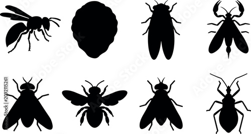 Canvas Print Flying and stinging insects vector silhouettes collection featuring wasp hornet