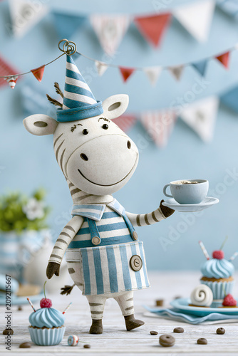 Zebra toy in blue outfit holds a cup at a colorful party setting with festive decorations and treats on the table