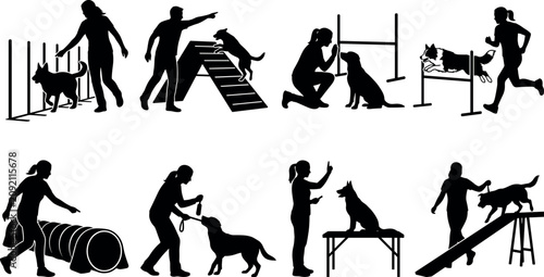Tableau sur toile Dog training agility and professional pet grooming vector silhouettes collection