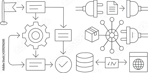 A collection of various business and technology related line icons and symbols for workflow automation and data processing on a transparent background
