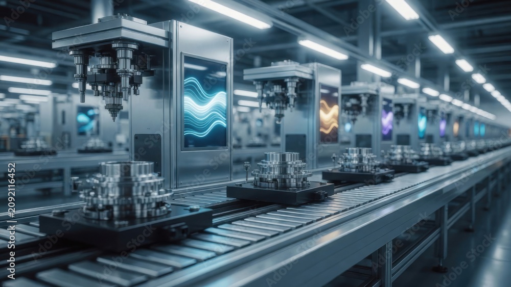 Fototapeta premium Automated Factory Assembly Line with Digital Waveform Displays