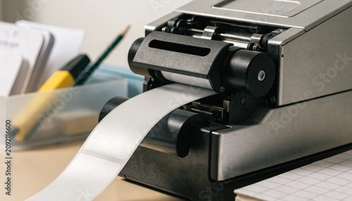 Compact label printer dispensing blank adhesive tape on an organized office desk, close up of stationery supplies, efficient filing, inventory tagging, workspace productivity, and business workflow