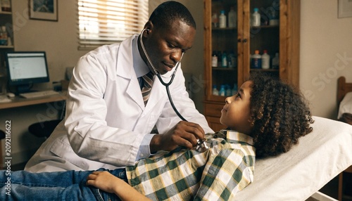 Compassionate pediatrician listening to a young child's lungs with stethoscope during warm clinic checkup, reassuring bedside care, modern family healthcare and trusted medical exam