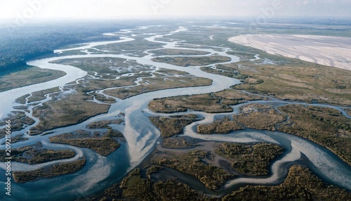 Aerial view of a winding river delta weaving through lush green wetlands, branching blue channels, marsh islands and hazy horizon light in a pristine natural landscape for conservation travel themes