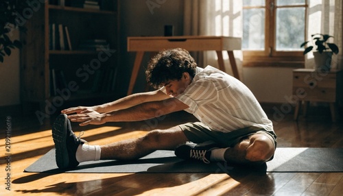 Young man stretches hamstrings on a yoga mat in a sunlit home room, reaching toward his sneaker with calm concentration, warm wooden floor and gentle wellness morning atmosphere