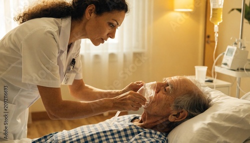 Compassionate nurse gently adjusting an oxygen mask on an elderly patient in a warm hospital room, bedside care with IV drip, empathy and professional medical support during respiratory treatment