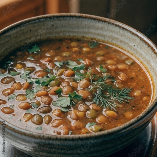 Hearty lentil soup in a rustic ceramic bowl topped with fresh parsley and dill, warm golden light, wholesome plant based comfort meal for cozy dinners, healthy menus and home cooking