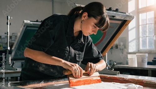 Skilled female screen printer pressing orange ink through a framed mesh stencil onto a blank shirt in a sunlit studio, hands guiding squeegee, artisan apparel production and custom design