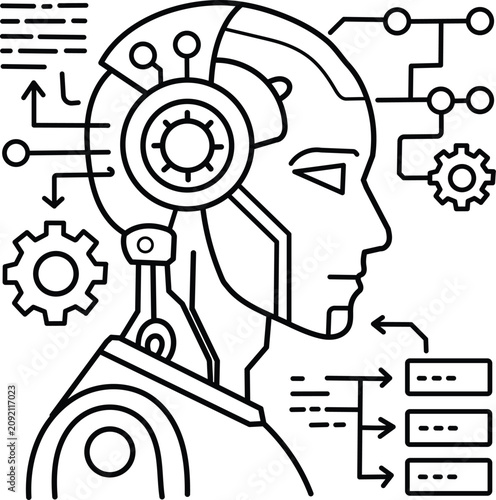 Robot head with gears and circuit board lines on transparent background  artificial intelligence concept with mechanical brain and data flow