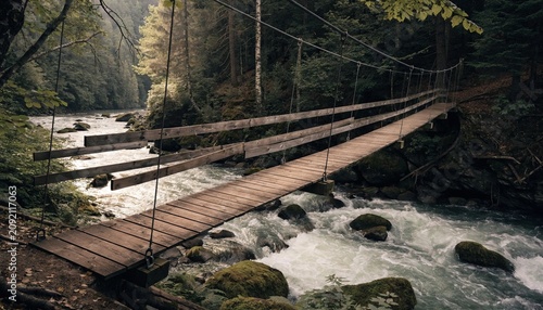 Rustic wooden suspension footbridge crossing a rushing mountain river through dense evergreen forest, with mossy rocks, dappled light, and serene adventure trail atmosphere in pristine wilderness