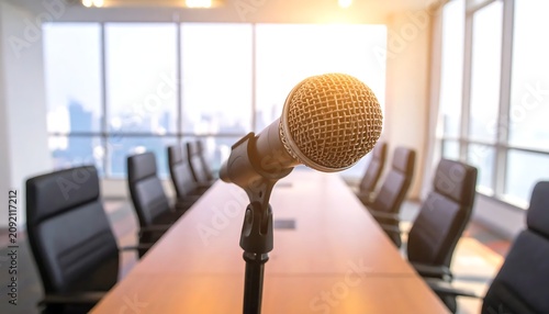 Closeup Microphone Standing on Conference Table in Modern Sunlit Boardroom