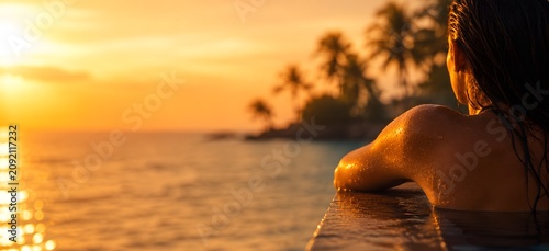 Beautiful young woman from behind relaxing in luxury resort infinity swimming pool at golden sunset with large copy space