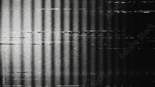 Black and white TV static texture background, vertical grille glitch pattern with heavy analog noise, retro VHS signal distortion effect, monochrome grunge backdrop for design, PNG