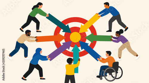 Inclusive diverse team pushing colorful arrows into central target from all directions showing unified collaboration accessibility and synchronized goal achievement vector illustration