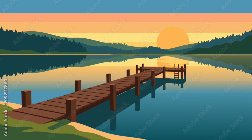 Fototapeta premium Serene wooden jetty extending into calm reflective lake surrounded by forested hills during spectacular golden hour sunset with vivid orange sky and perfect mirror like water surface