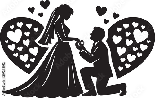 Schilderij op canvas Silhouette of a man proposing to a bride with heart shapes Vector, illustration