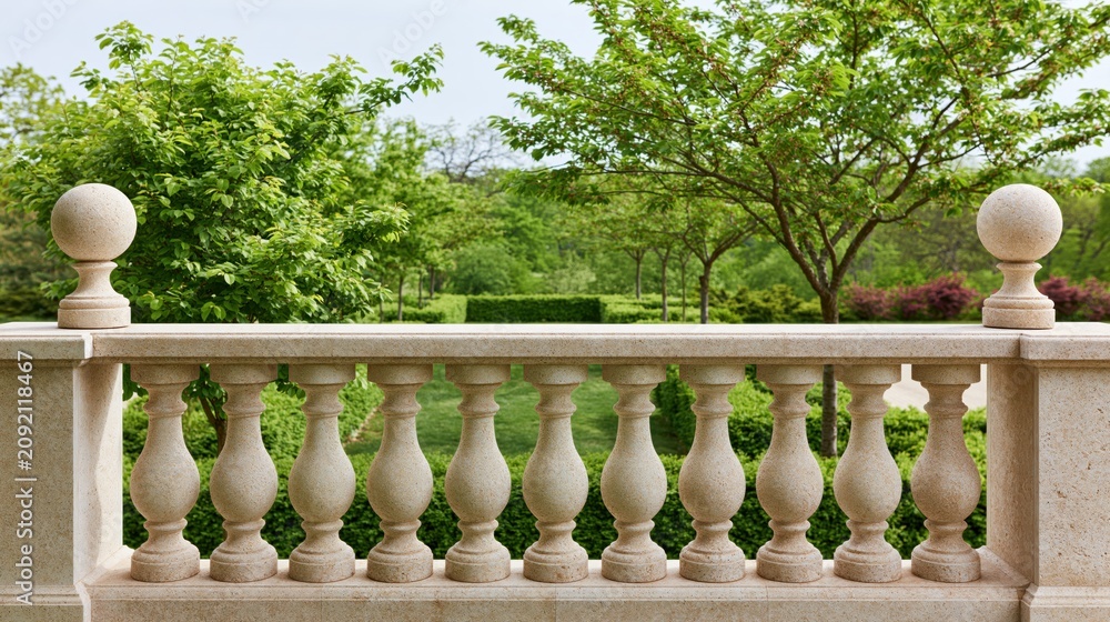Fototapeta premium Elegant stone balcony railing overlooking a manicured garden with lush green trees