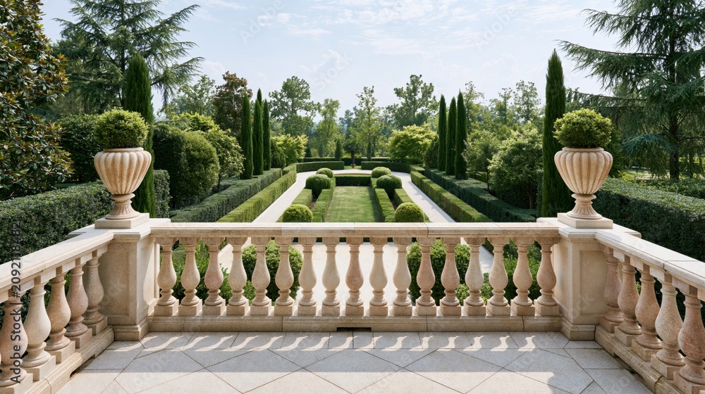 Fototapeta premium Elegant stone balcony overlooking a formal manicured garden with cypress trees