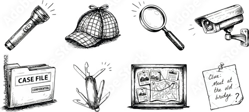 Detective and secret agent investigation tool icons vector. Hand drawn sketch illustration of classic detective hat, magnifying glass, multi tool pocket knife, and evidence board.